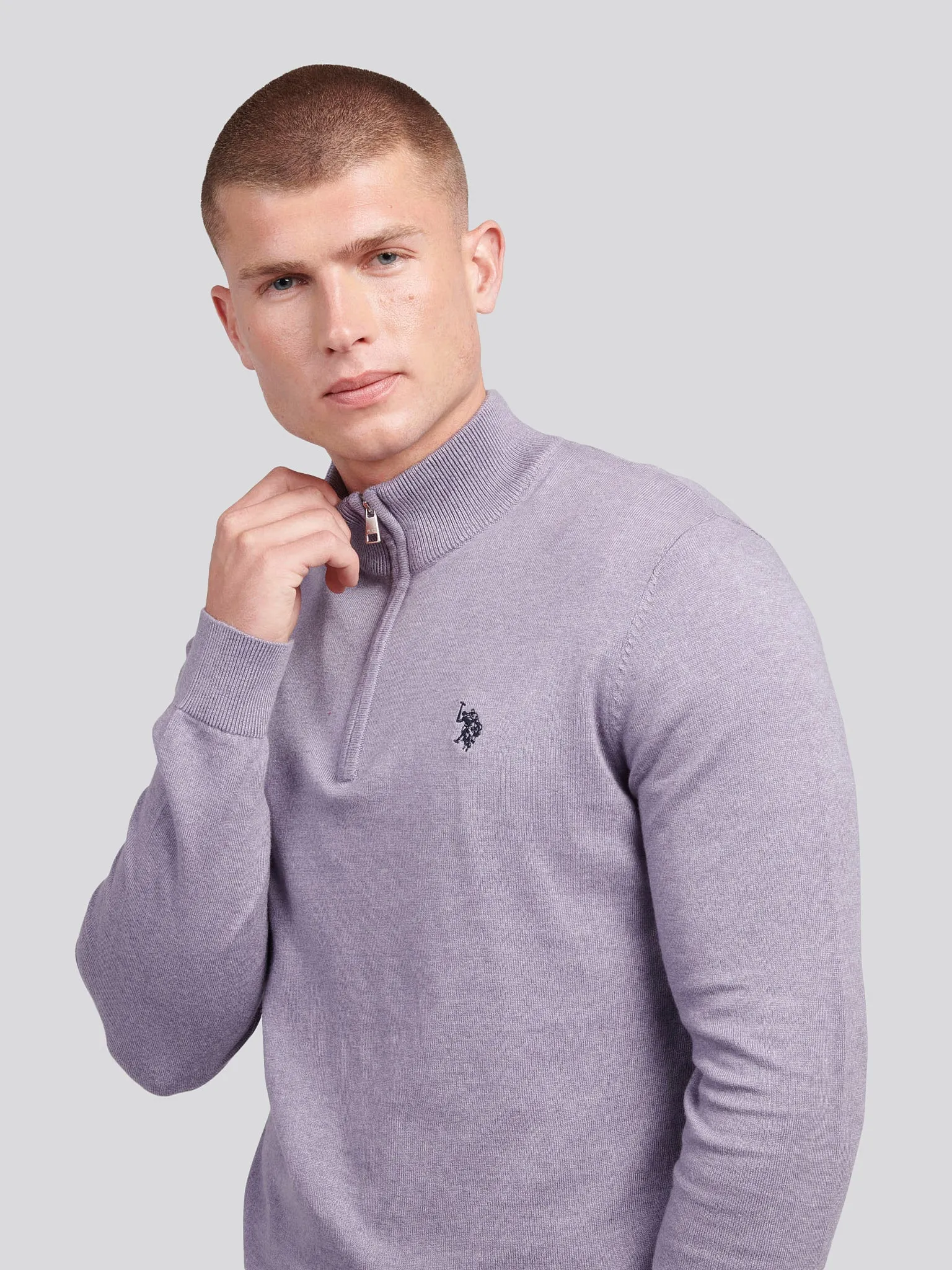 Mens Cotton Funnel Neck 1/4 Zip Knit in Dusk