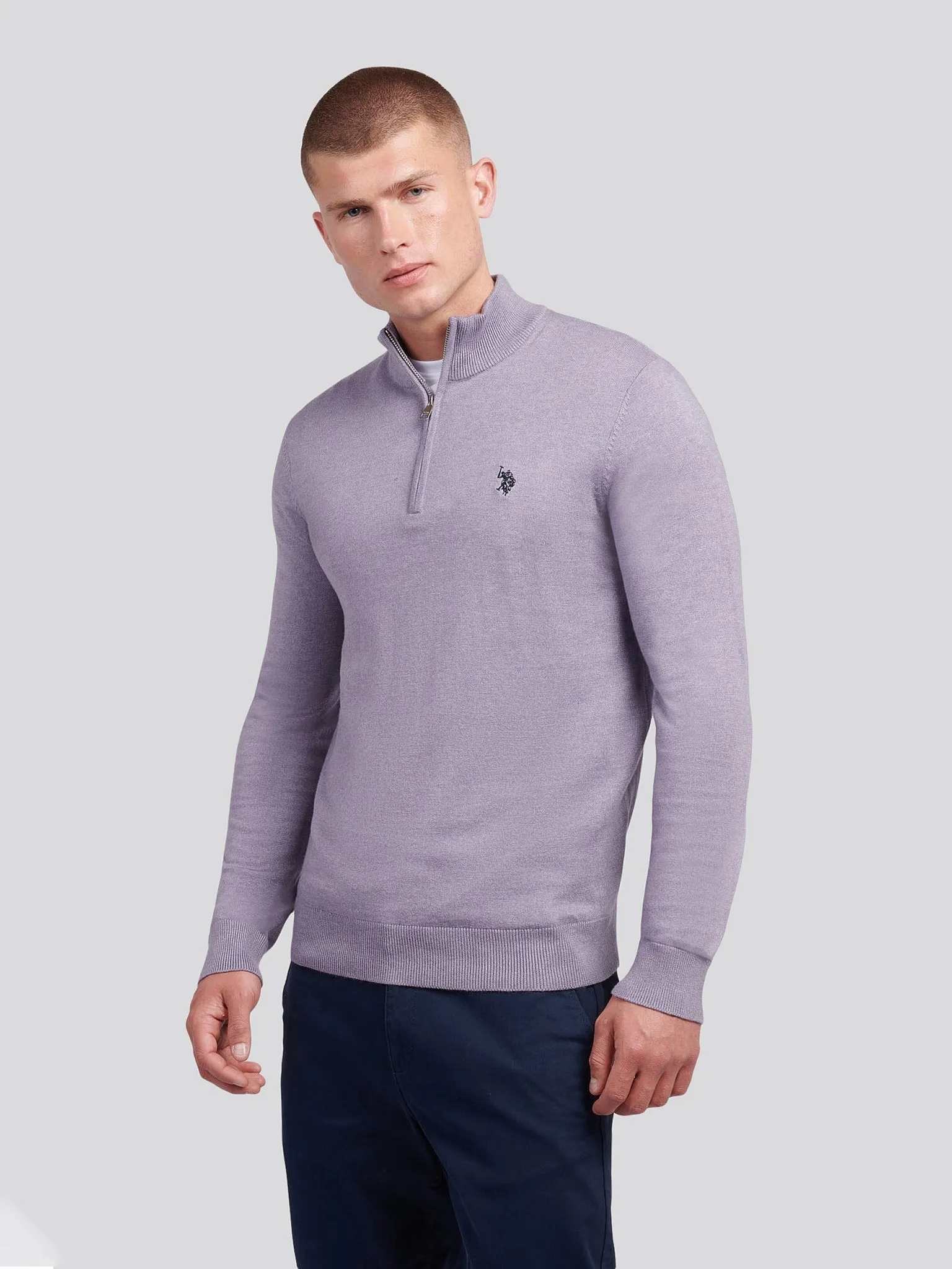Mens Cotton Funnel Neck 1/4 Zip Knit in Dusk