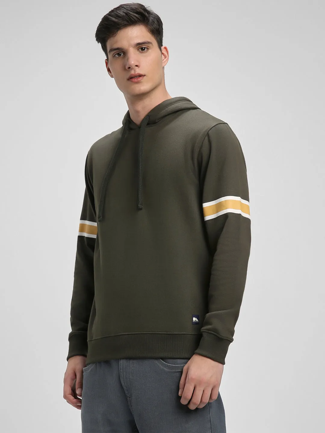 Men's Olive Striped Sleeves Hooded Sweatshirt