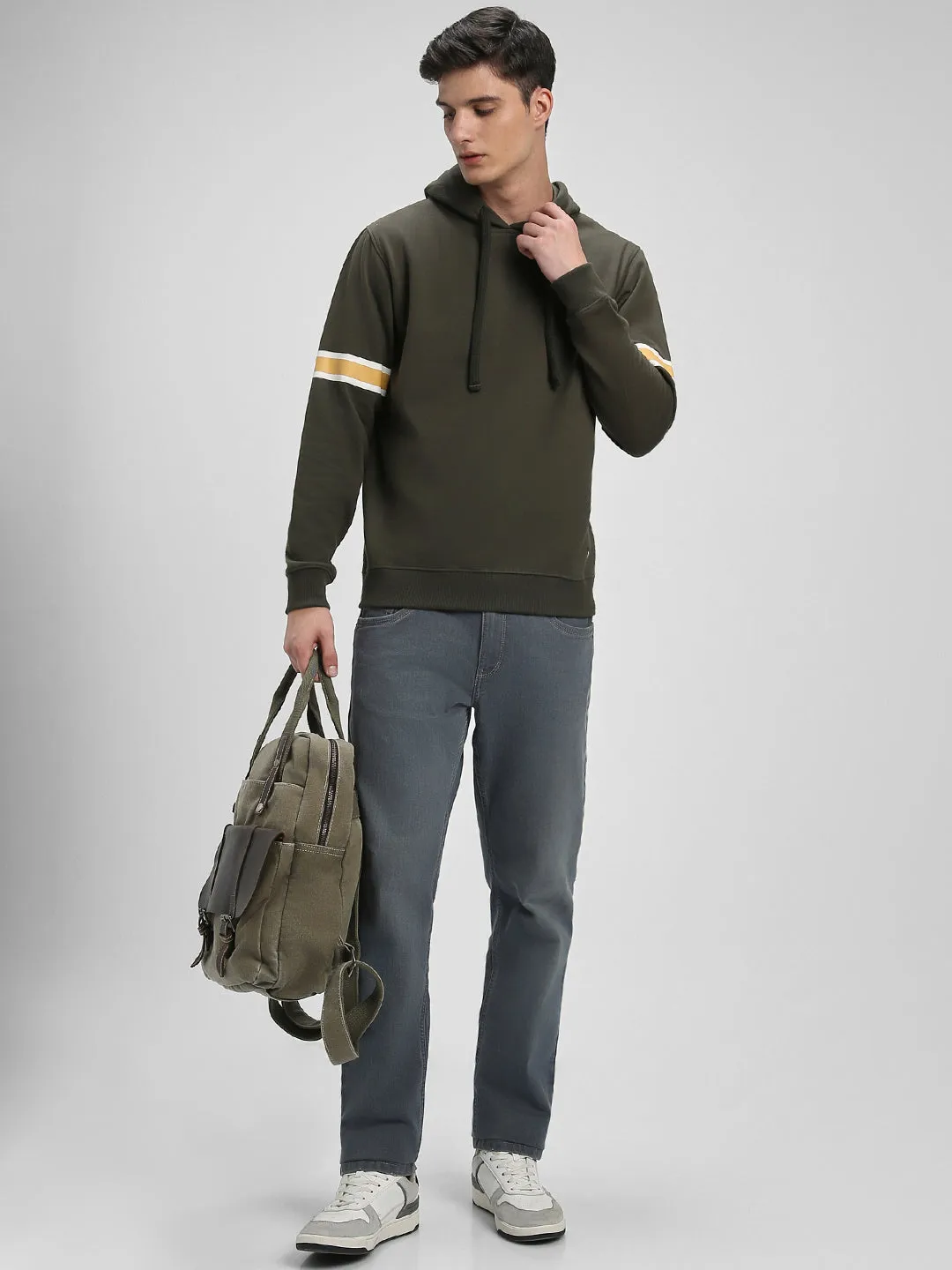 Men's Olive Striped Sleeves Hooded Sweatshirt