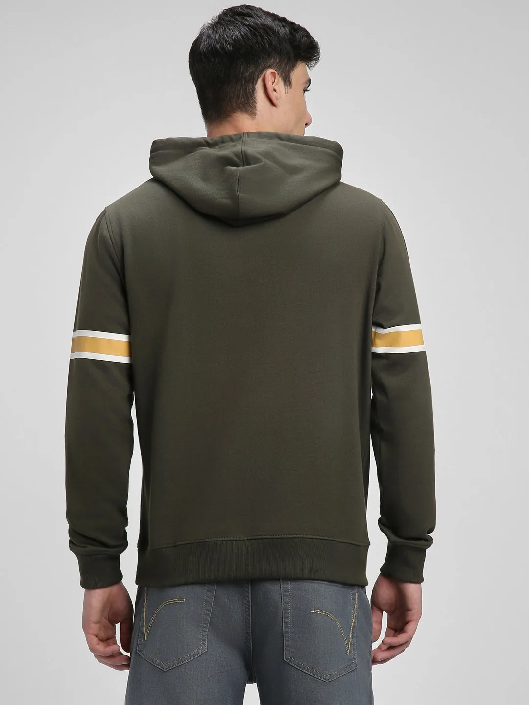 Men's Olive Striped Sleeves Hooded Sweatshirt