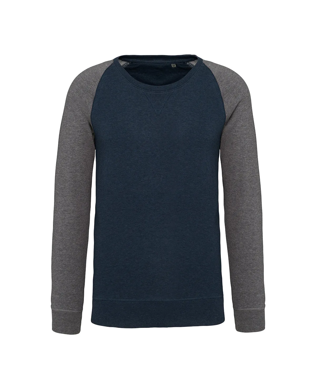 Mens two-tone organic crew neck raglan sleeve sweatshirt | French Navy Heather/Grey Heather