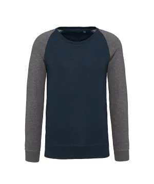 Mens two-tone organic crew neck raglan sleeve sweatshirt | French Navy Heather/Grey Heather