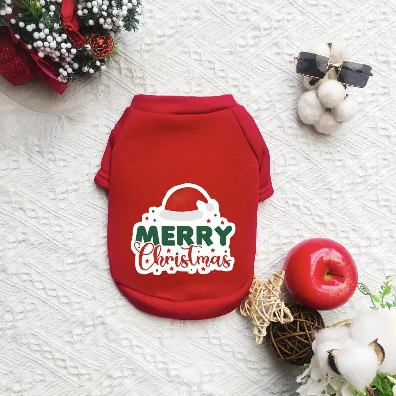 Merry Christmas Pet Print Sweater Warm and Velvet Cotton Cat and Dog Clothing Small Dog Clothing