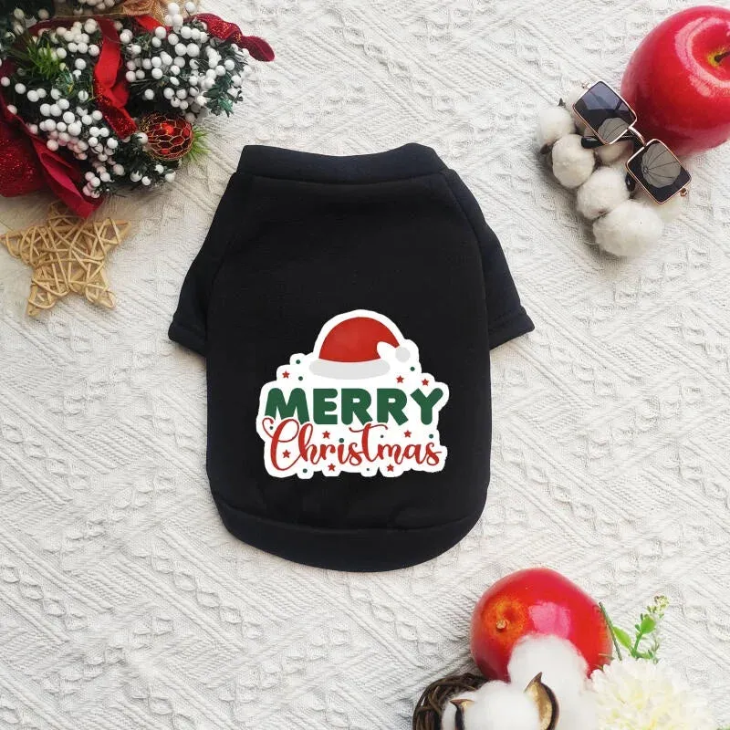 Merry Christmas Pet Print Sweater Warm and Velvet Cotton Cat and Dog Clothing Small Dog Clothing
