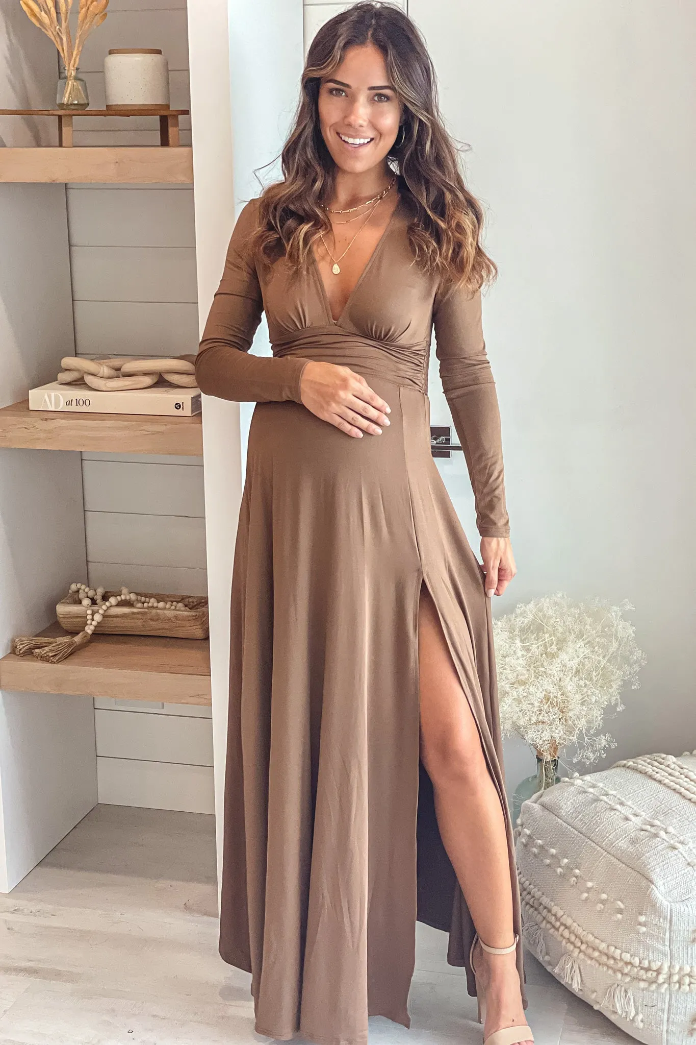 Mocha Maternity Maxi Dress with Long Sleeves