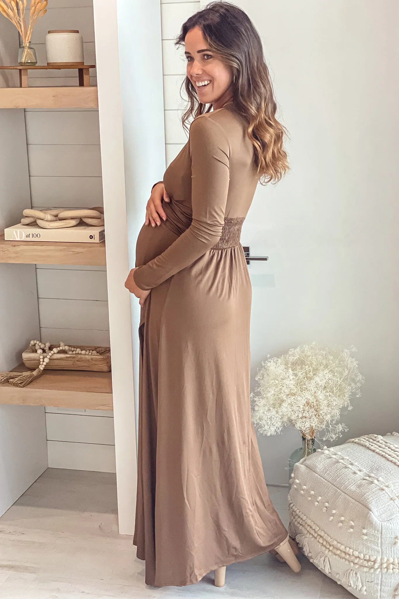 Mocha Maternity Maxi Dress with Long Sleeves