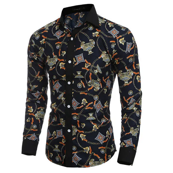 Personality 3D Printing Slim Long Sleeve Designer Shirts for Men