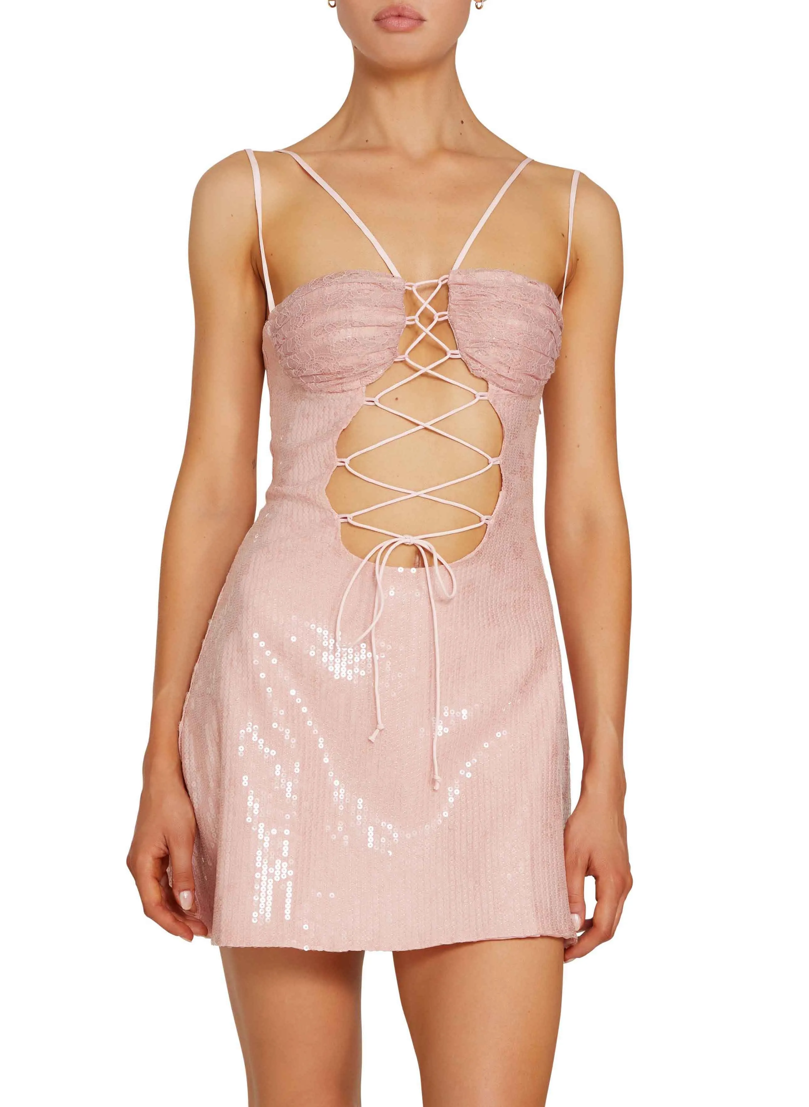 Pink Lace Up Pailette Mini Dress