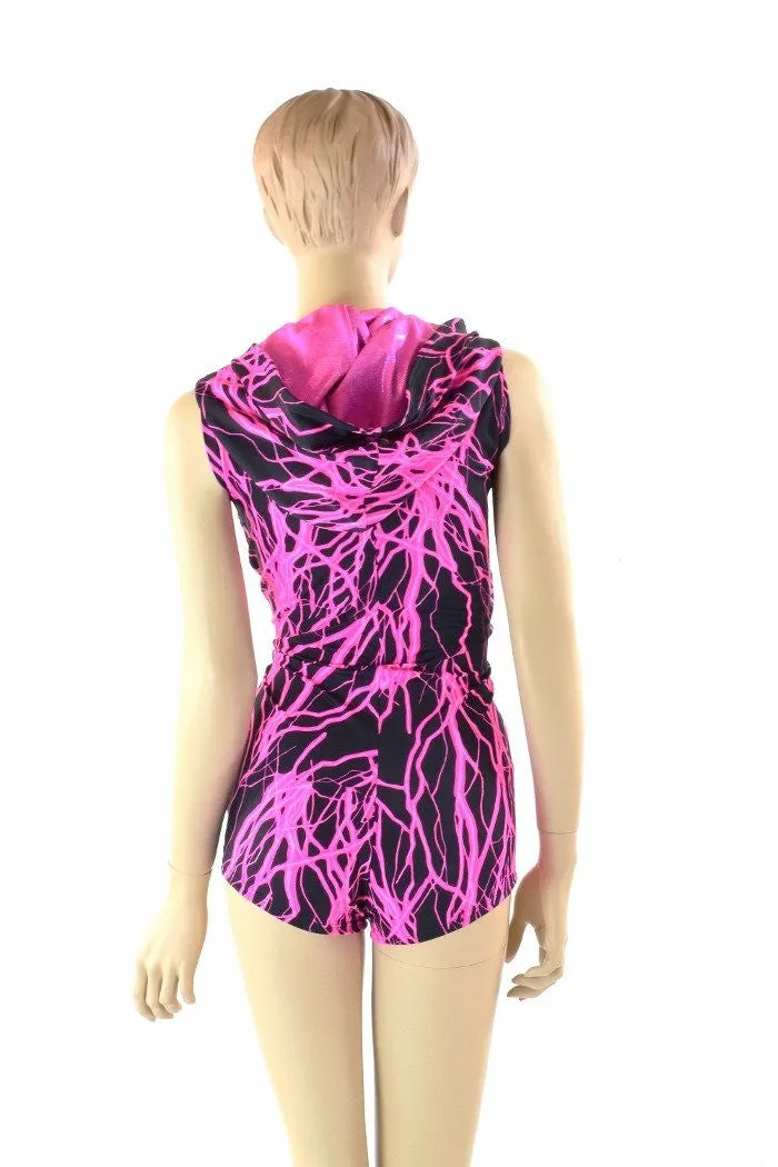 Pink Lightning Print Hoodie Romper