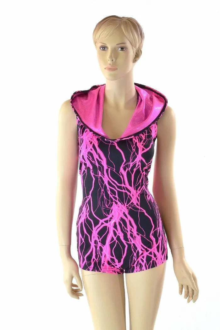 Pink Lightning Print Hoodie Romper