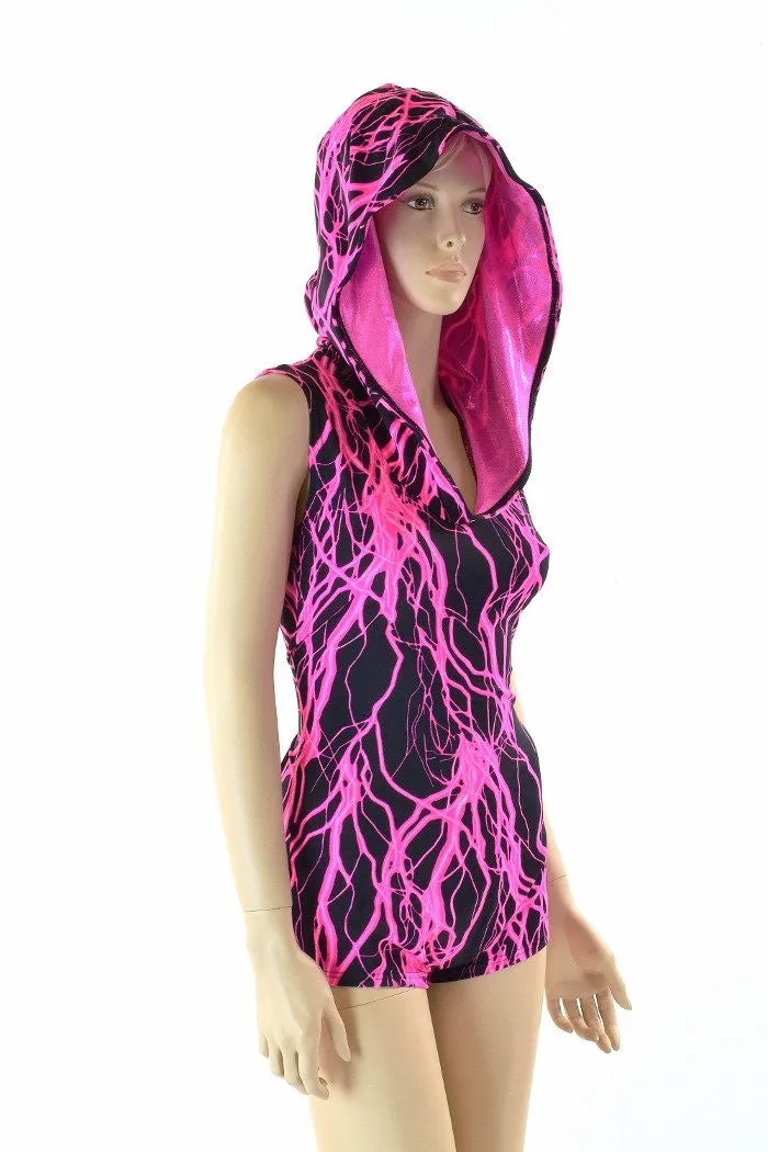 Pink Lightning Print Hoodie Romper