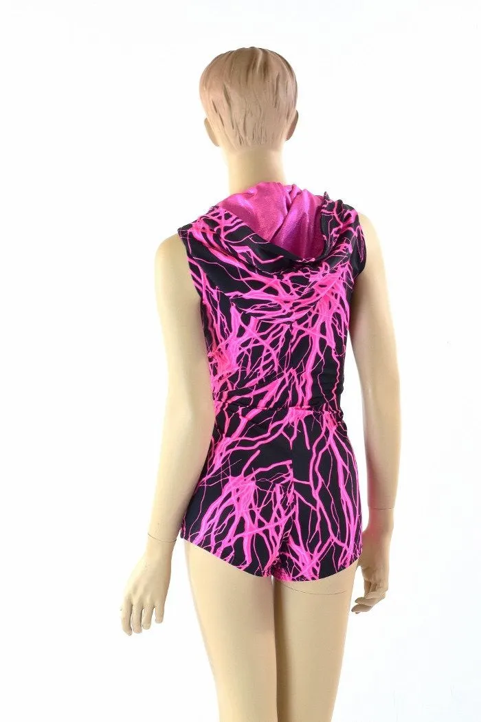 Pink Lightning Print Hoodie Romper