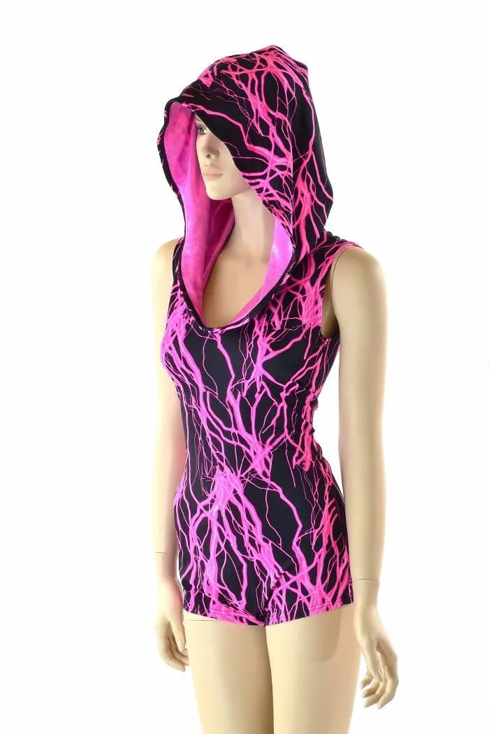 Pink Lightning Print Hoodie Romper