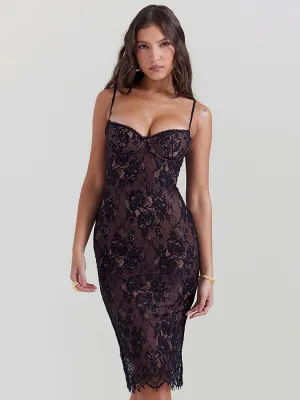 Sara Lace Print Spaghetti Strap Sexy Midi Dress