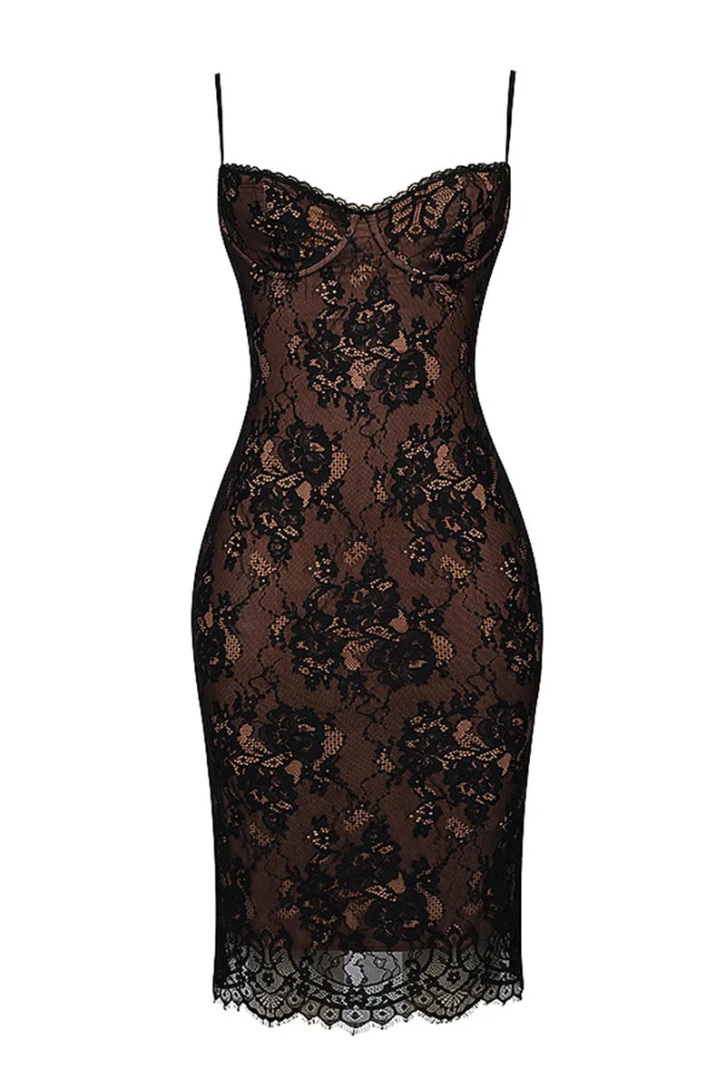 Sara Lace Print Spaghetti Strap Sexy Midi Dress