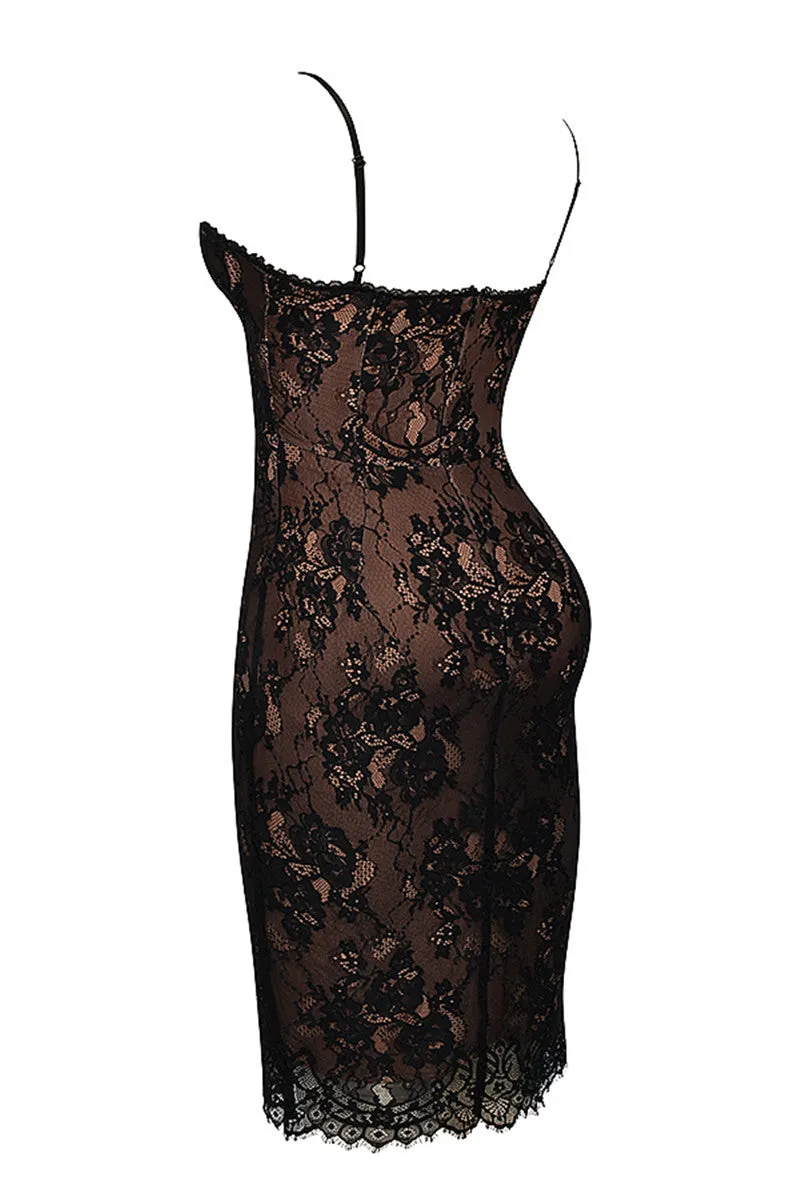 Sara Lace Print Spaghetti Strap Sexy Midi Dress