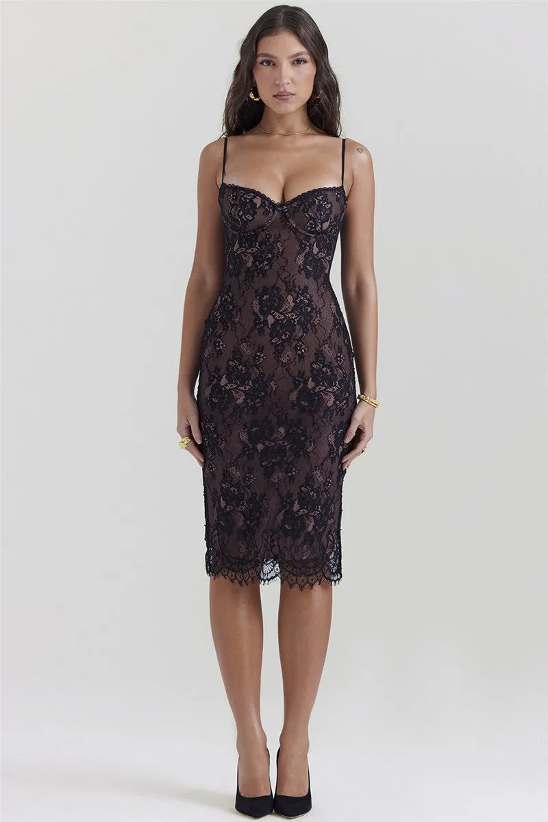 Sara Lace Print Spaghetti Strap Sexy Midi Dress