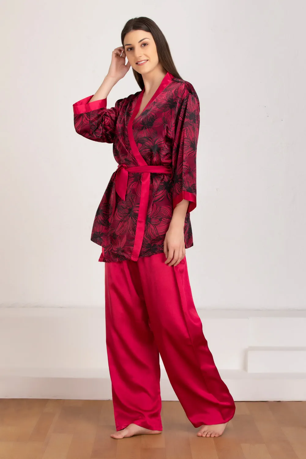 Satin night suit with Floral Robe