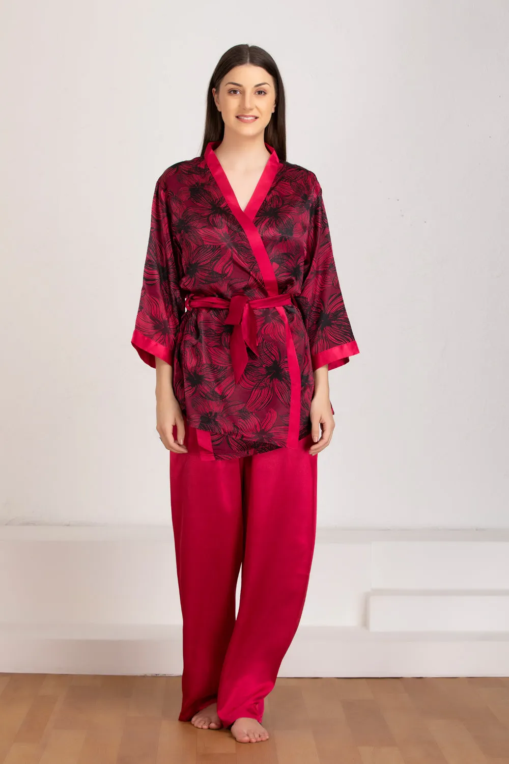 Satin night suit with Floral Robe