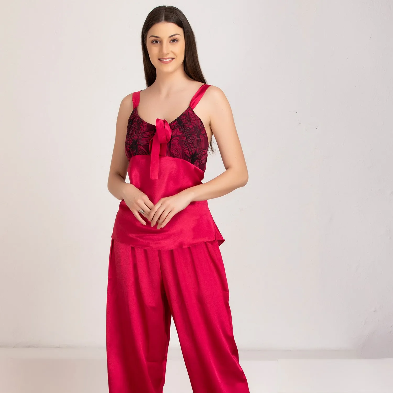 Satin night suit with Floral Robe