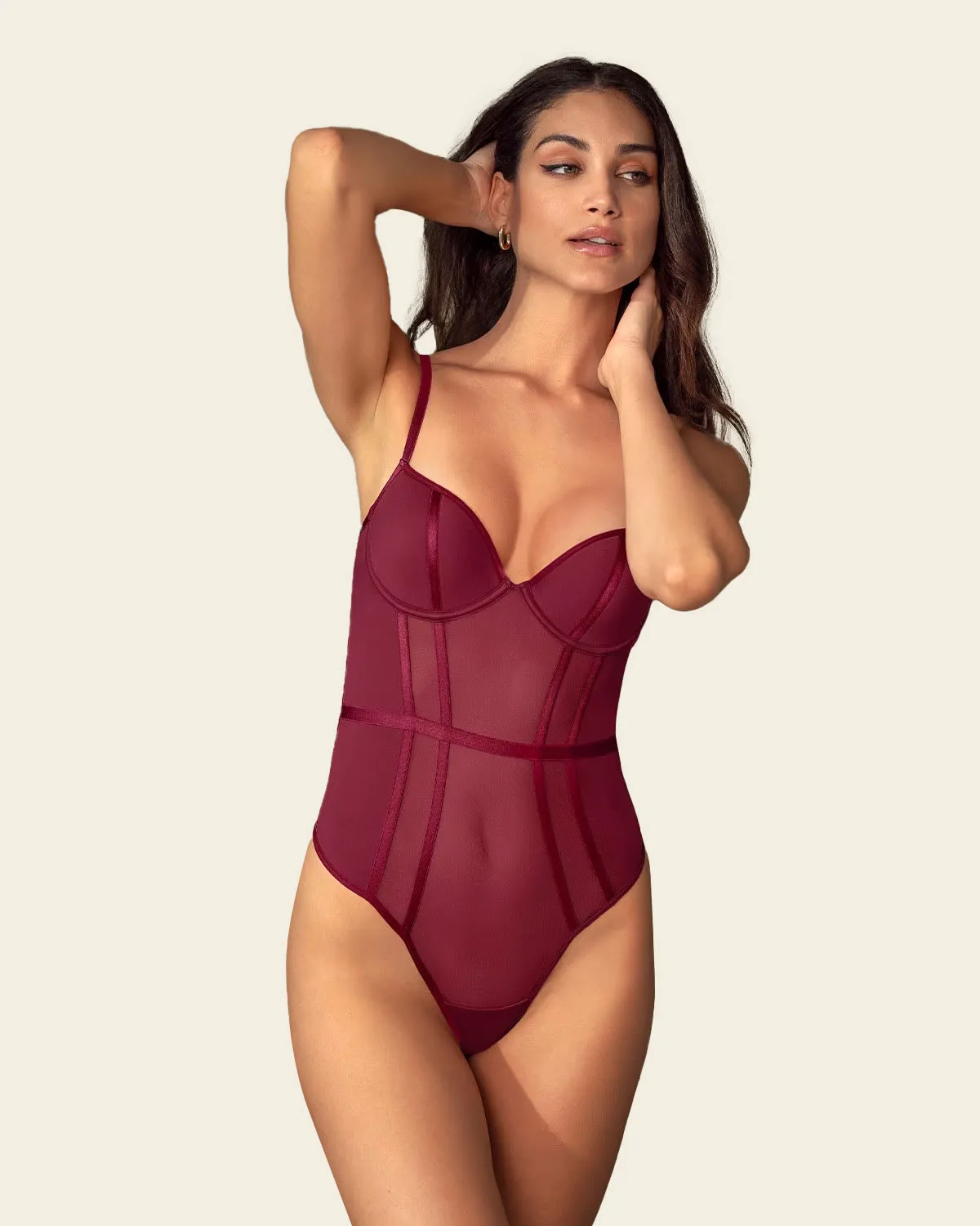 Sheer Structured Sexy Bodysuit with Thong Bottom