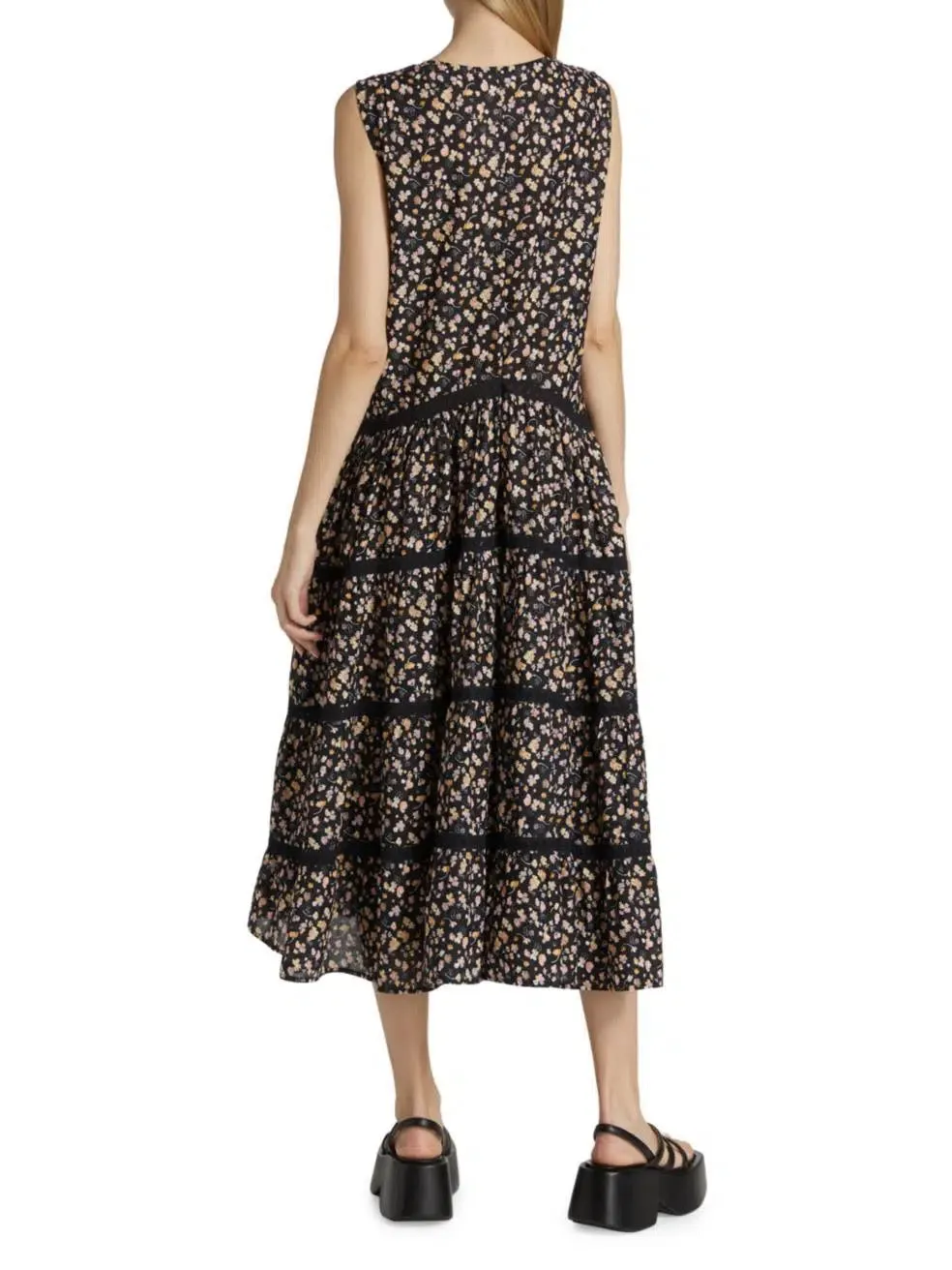 Sleeveless V Neck Lace Contrast Floral Cotton Swing Casual Dress