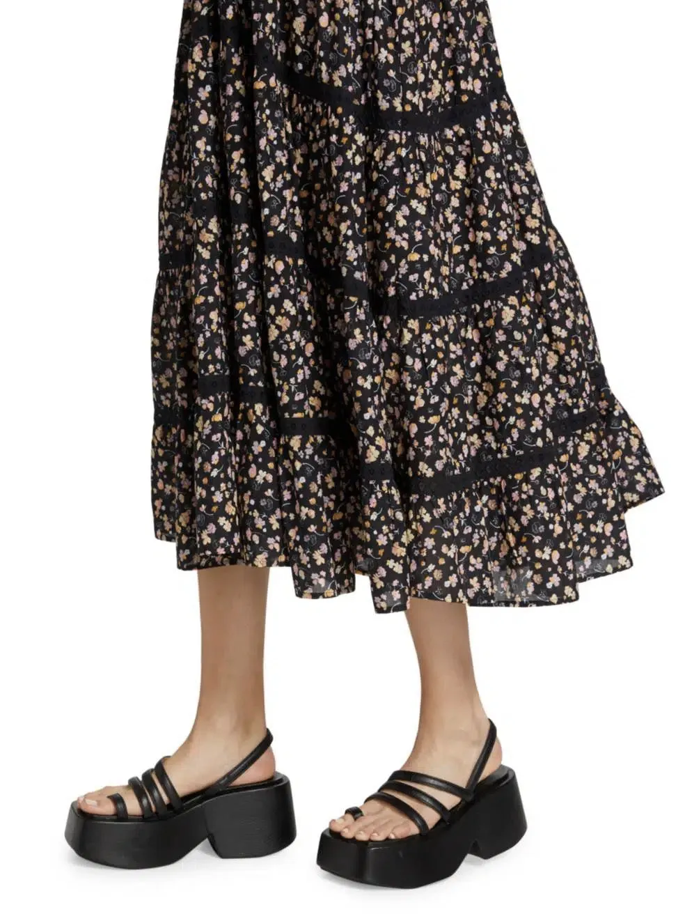 Sleeveless V Neck Lace Contrast Floral Cotton Swing Casual Dress