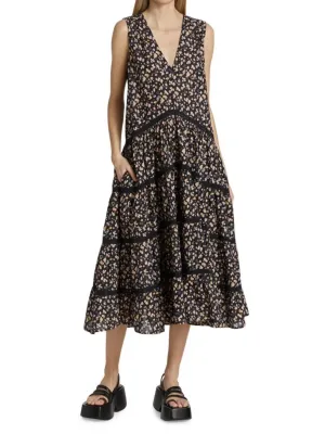 Sleeveless V Neck Lace Contrast Floral Cotton Swing Casual Dress