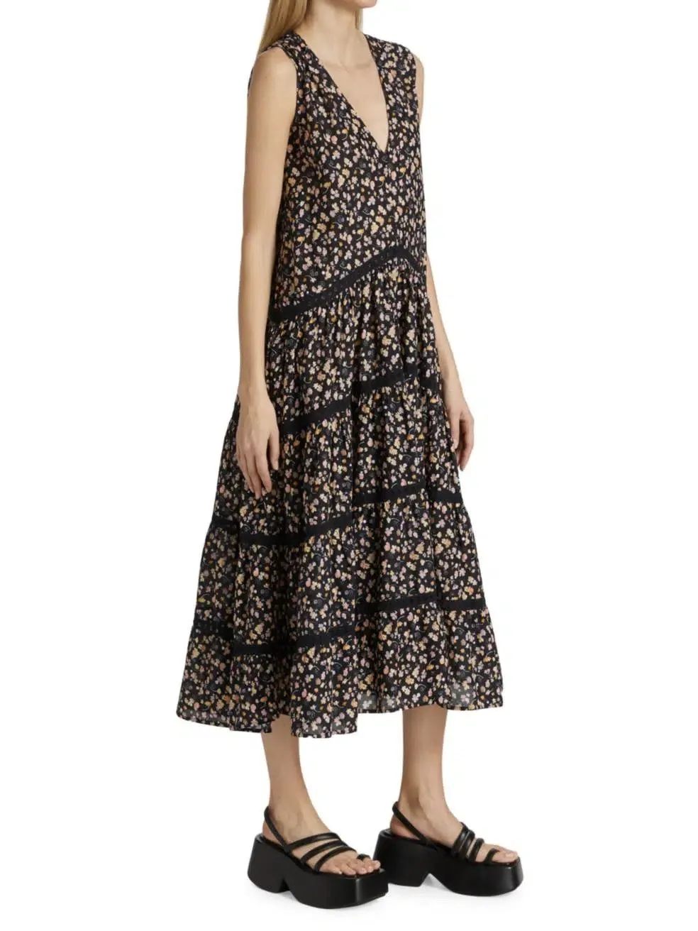 Sleeveless V Neck Lace Contrast Floral Cotton Swing Casual Dress