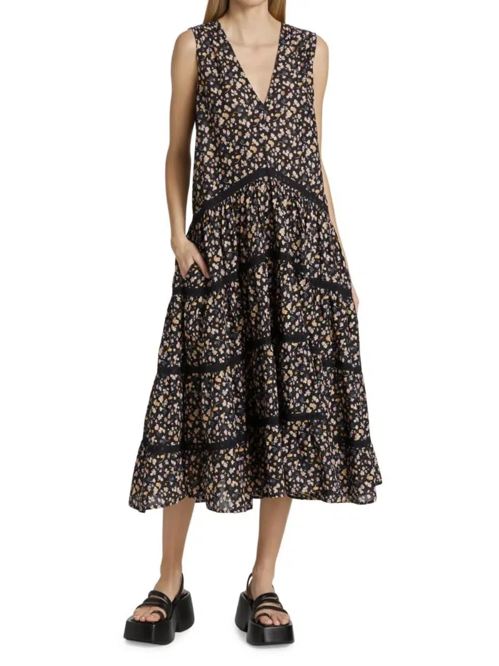 Sleeveless V Neck Lace Contrast Floral Cotton Swing Casual Dress