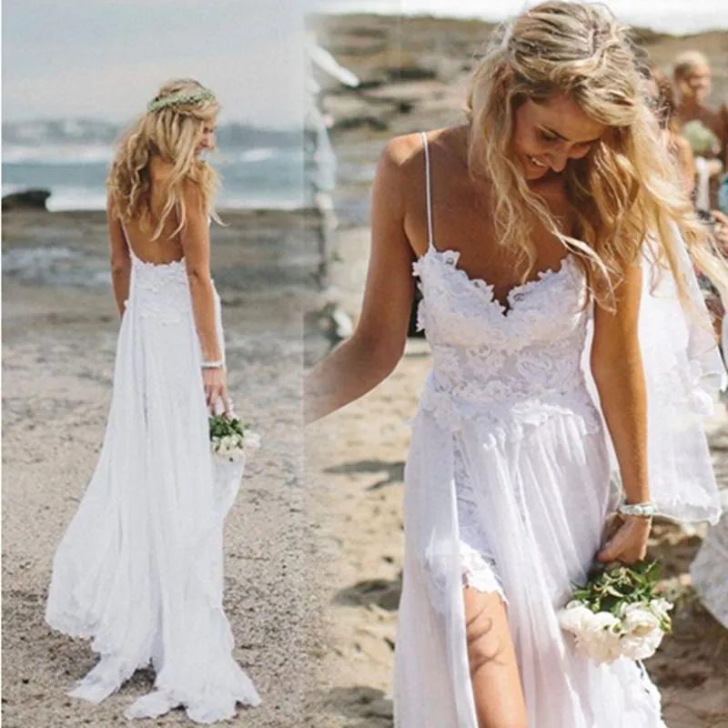 Spaghetti Straps White Lace Chiffon Backless Beach Wedding Gowns,S12