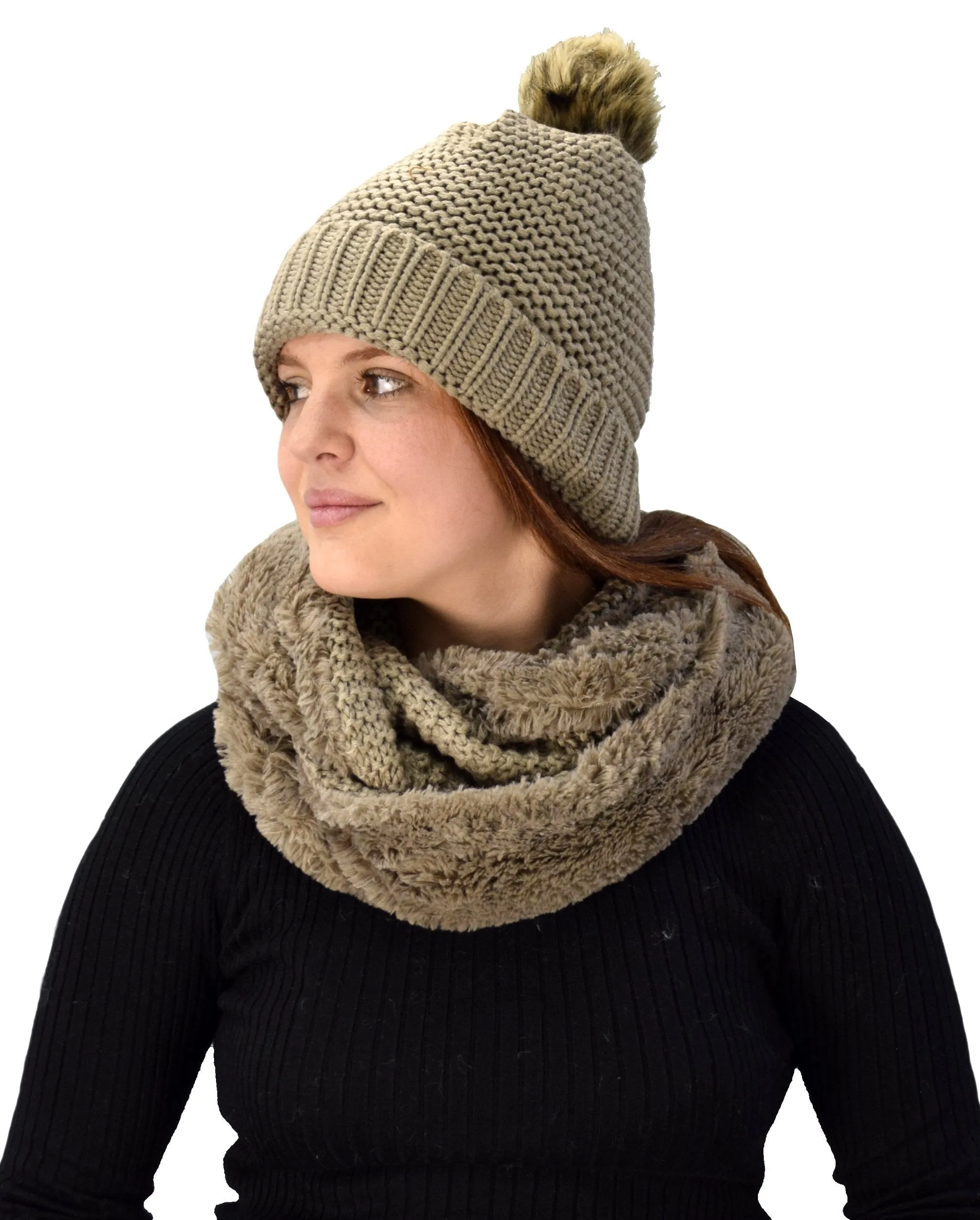 Taupe 90 Peach Couture Thick Crochet Weave Beanie Hat Plush Infinity Loop Scarf 2 Pack