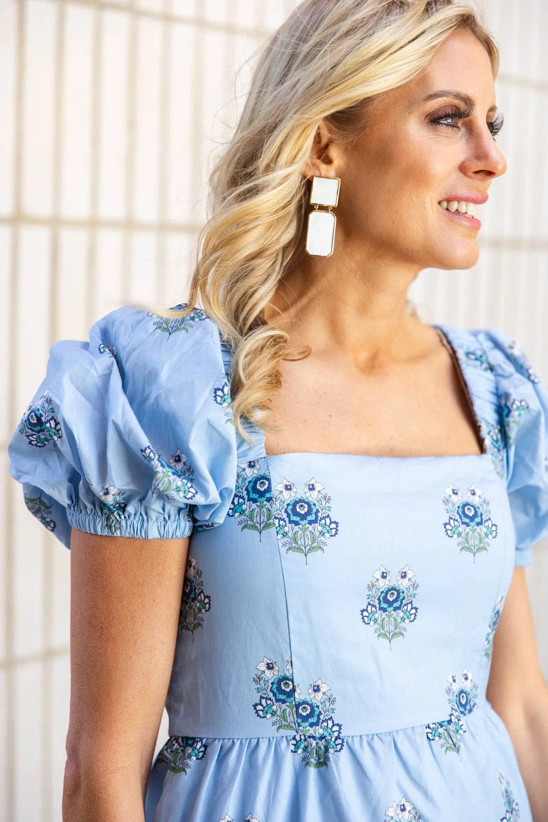 The Lucia Dress | Dusty Blue Floral Print Maxi Dress with Puff Sleeves and Pockets