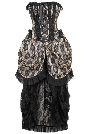 Top Drawer Steel Boned Cream w/Black Lace Bustle Corset Dress