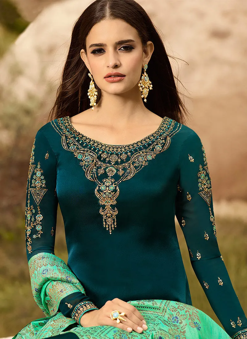 Turquoise And Green Embroidered Pants Suit