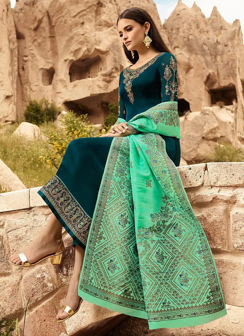 Turquoise And Green Embroidered Pants Suit