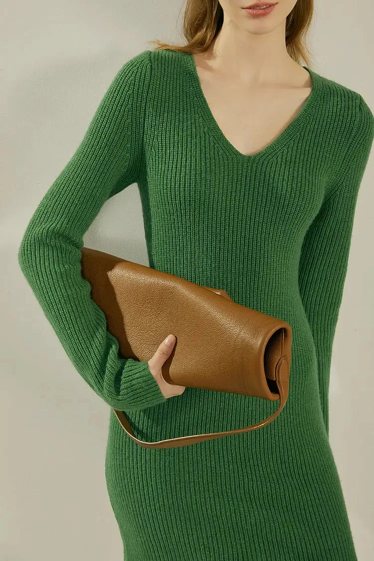 V Neck Green Rib Knit Mini Dress