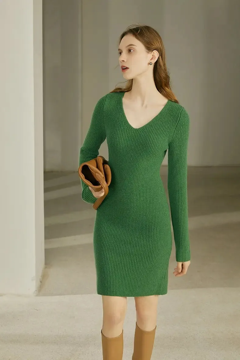 V Neck Green Rib Knit Mini Dress