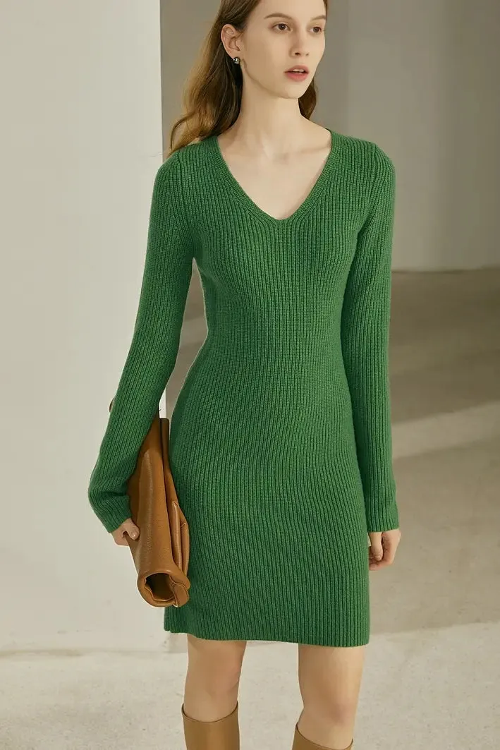 V Neck Green Rib Knit Mini Dress