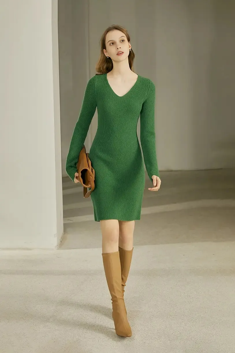 V Neck Green Rib Knit Mini Dress