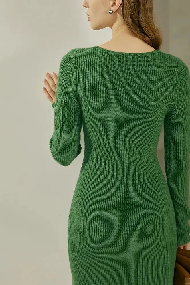 V Neck Green Rib Knit Mini Dress
