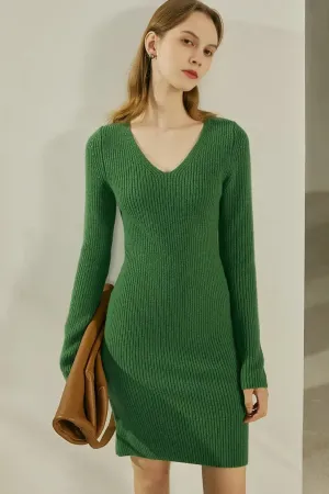V Neck Green Rib Knit Mini Dress