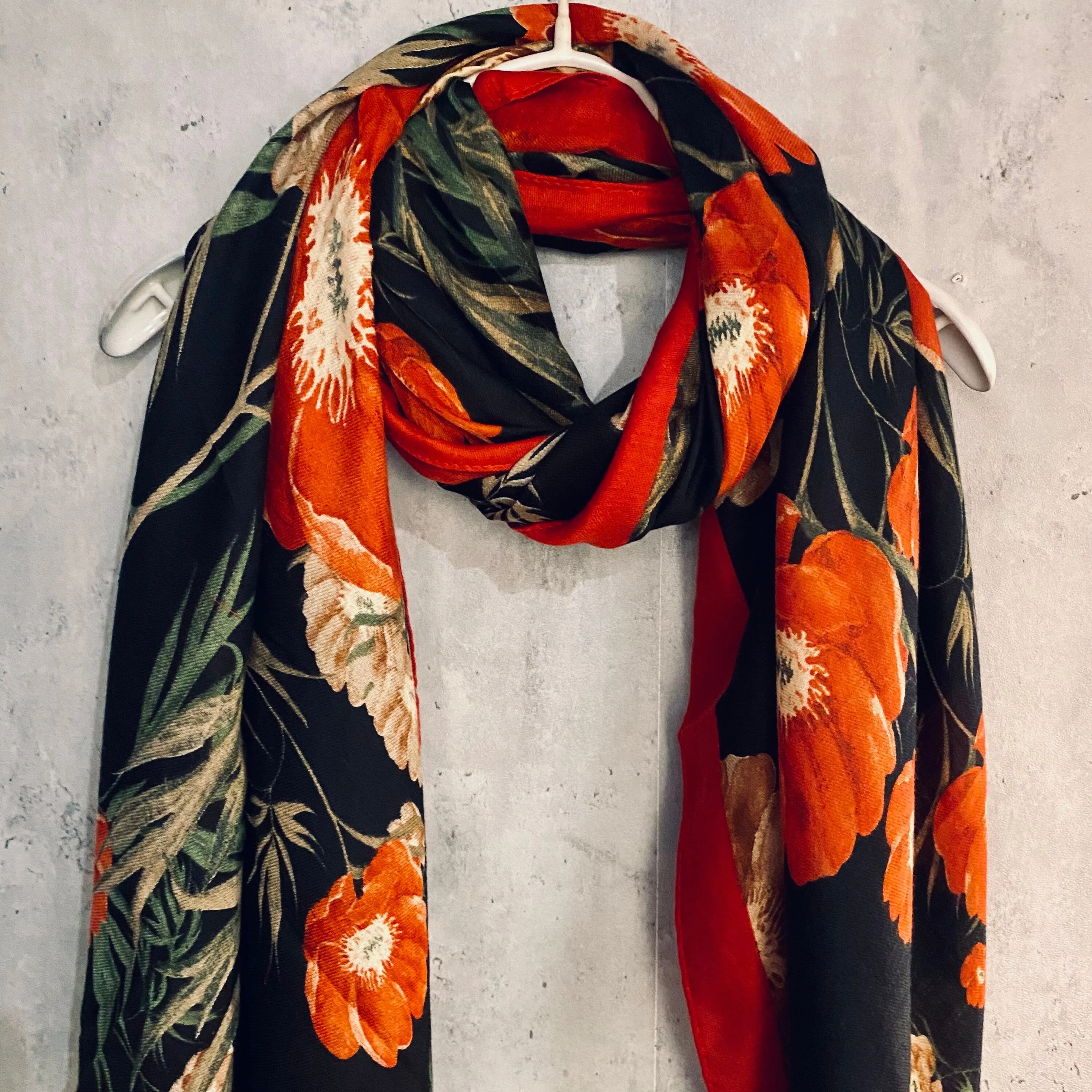 Vintage Poppy Flower With Red Trim Black Scarf/Summer Autumn Scarf/Gifts For Mom/Gifts For Birthday Christmas/UK Seller/Scarf Women