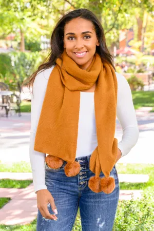 W23 Knitted Fuzzy Pom Pom Scarf In Ginger