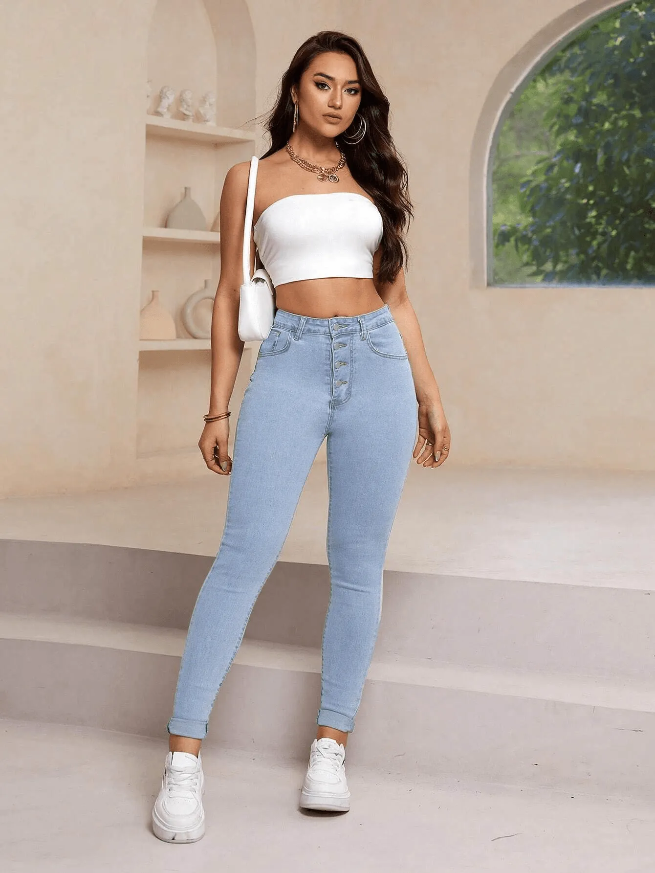 Women Fashion Casual Jeans High Waist Multi Button Design - #4179