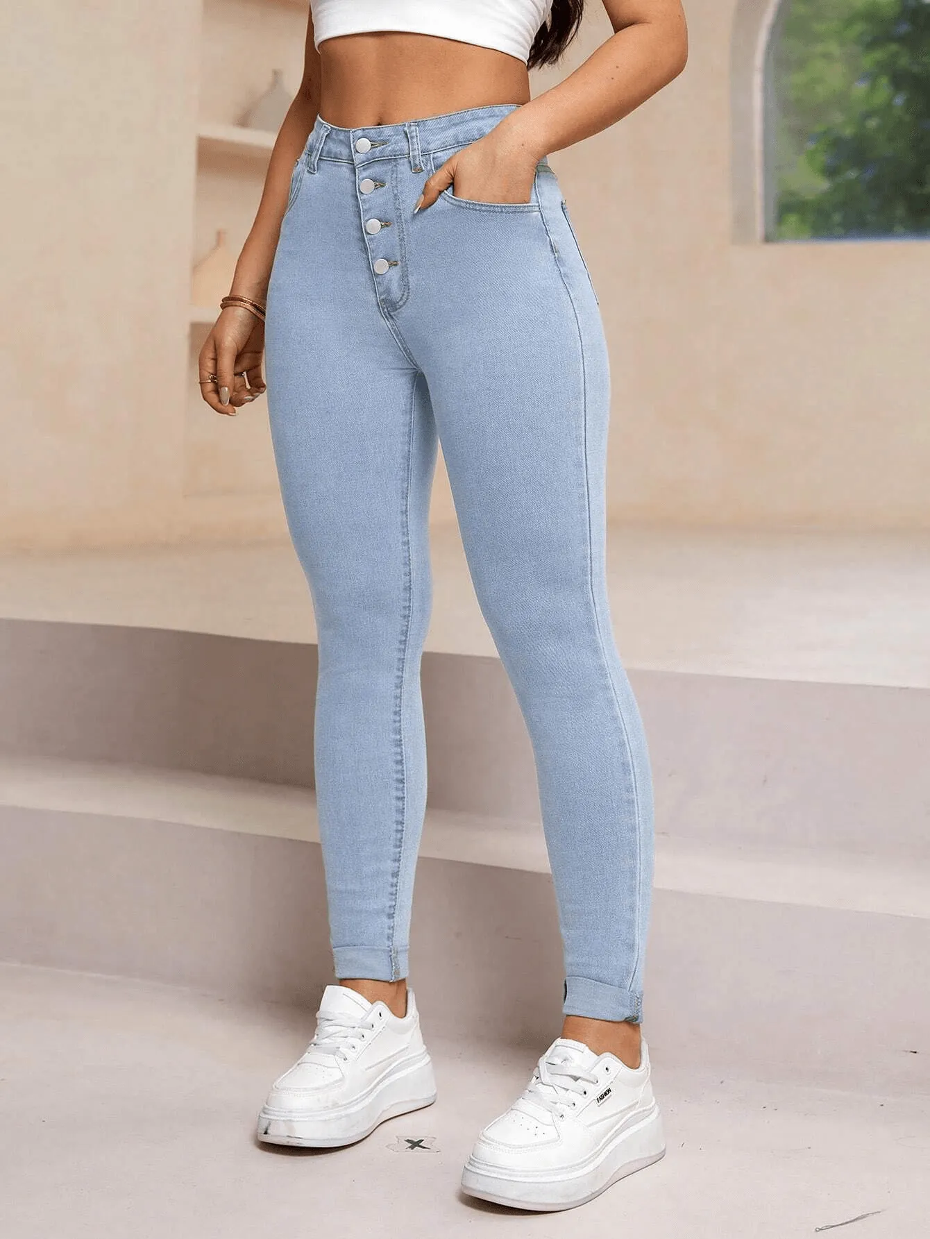 Women Fashion Casual Jeans High Waist Multi Button Design - #4179