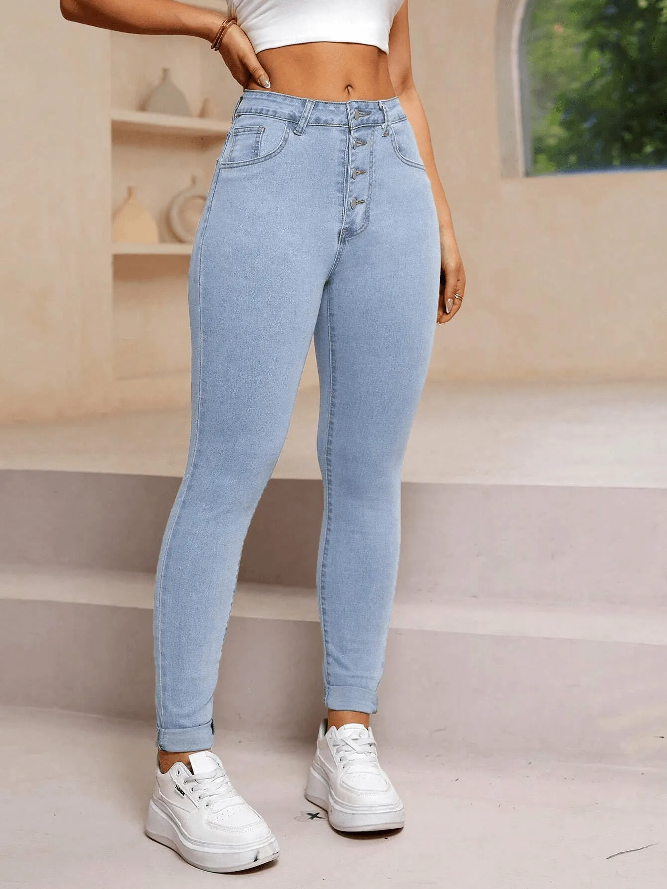 Women Fashion Casual Jeans High Waist Multi Button Design - #4179
