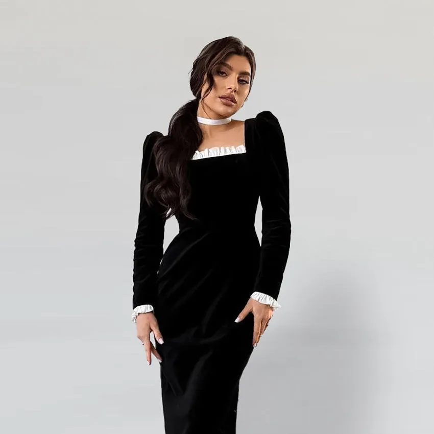 Women's Black Sexy Fitted Velvet Long Sleeve Knit Dress