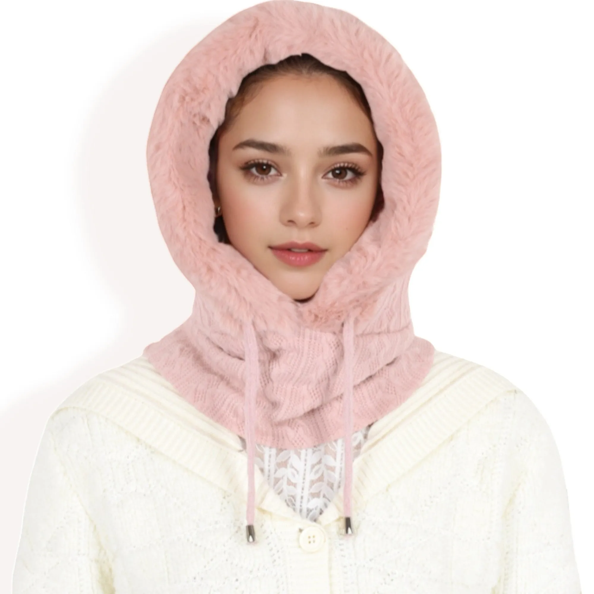 Women's Faux Fur Lined Knit Hooded Scarf with Adjustable Drawstring and Full Coverage for Winter Warmth